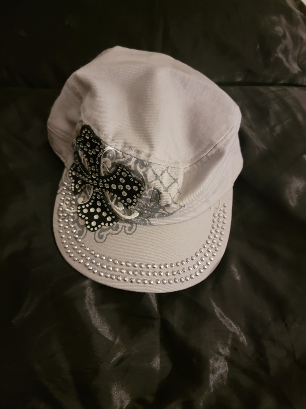 Women's White Studded Floral Accent Cap